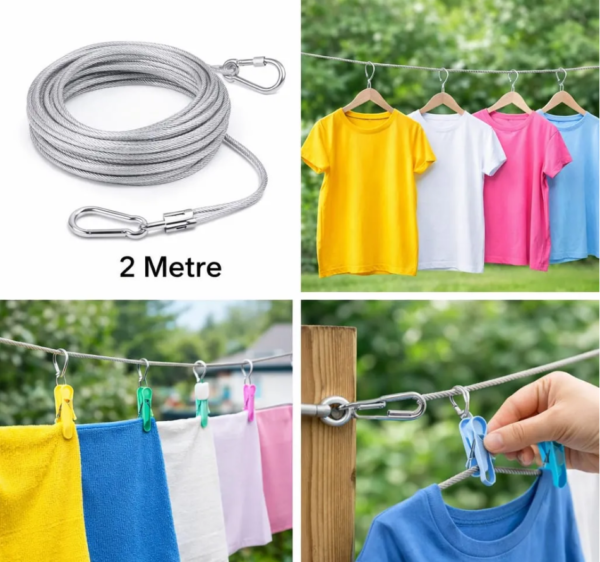 Stainless Steel Clothesline Rope 2 Meter with Hooks for Indoor and Outdoor Laundry