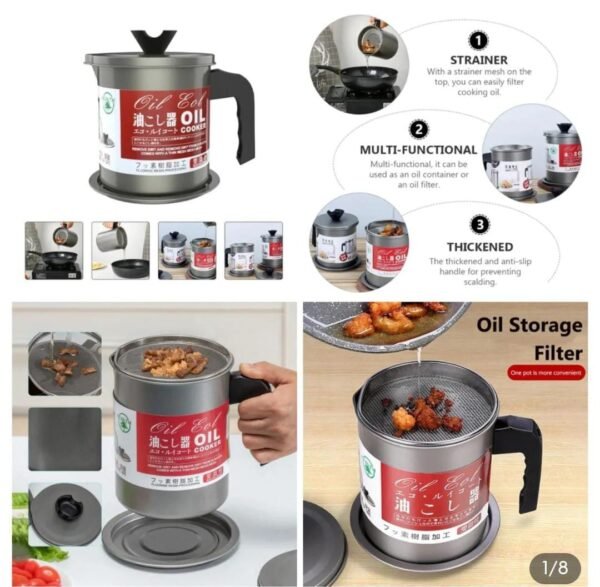 Kitchen Oil Filter Pot 1.4 Liter Stainless Steel Oil Strainer Container