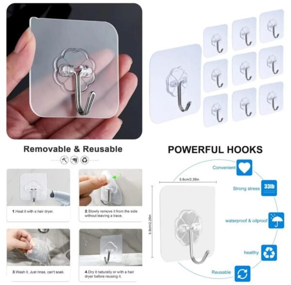 Pack of 10 Adhesive Wall Hooks Strong Self Adhesive Hanging Hooks